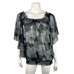 Sunny Leigh Blouse Womens M Black Sheer Lace Print Batwing Sleeve Boho Top